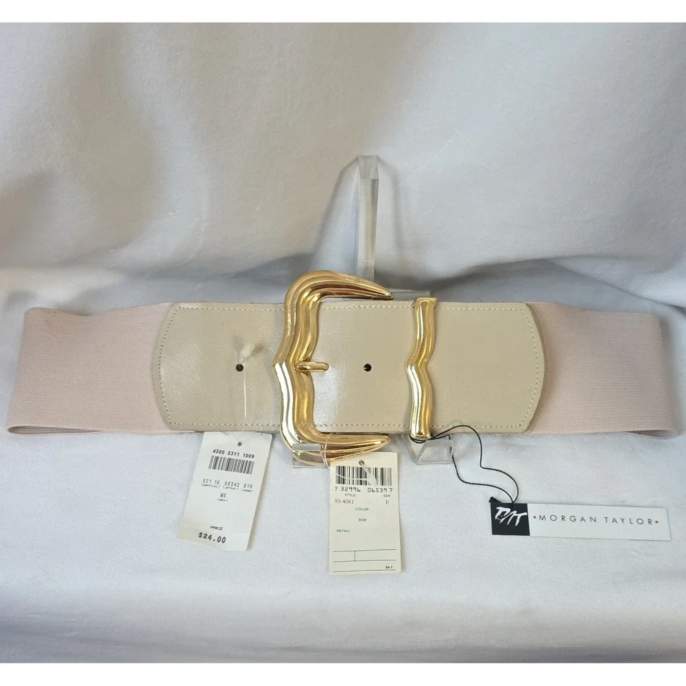 NWT Rare Vintage 80s Morgan Taylor stretch cinch belt, Tan, Gold Buckle, medium.
